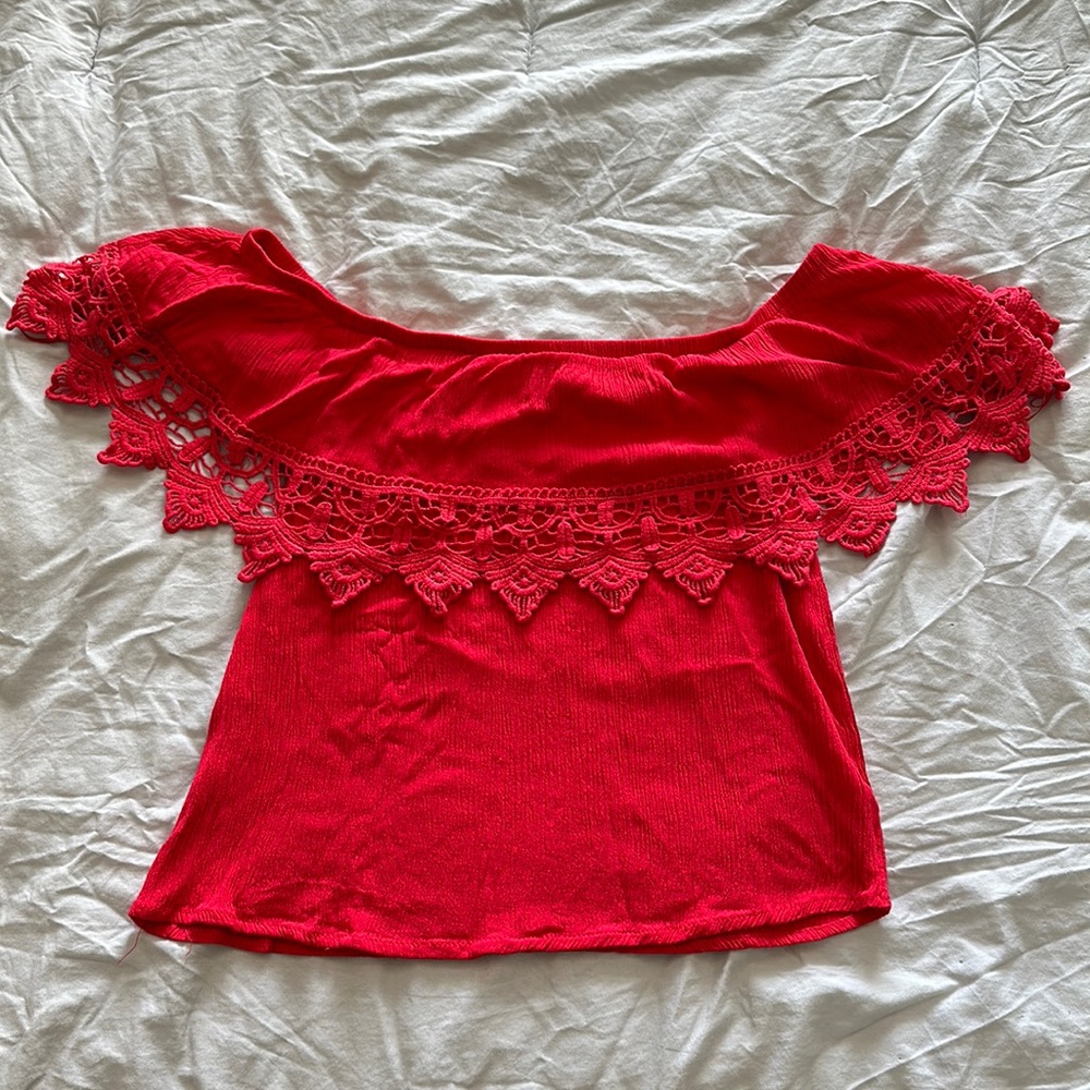Red off shoulder top w/ lace crocheted